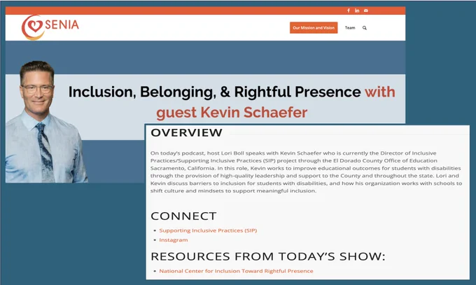 Screenshot of the Senia Internation Happy Hour Podcast webpage featuring SIP Director, Kevin Schaefer titled Inclusion, Belonging, and Rightful Presence.