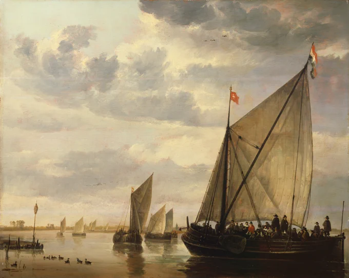 Painting of sailboats in the water under a cloudy sky