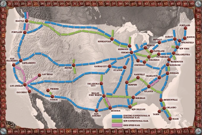 Imagined map of a Ticket to Ride game of all the United States with lines showing high-speed rail projects, conventional rail projects (new and existing), and existing intercity passenger rail network. 