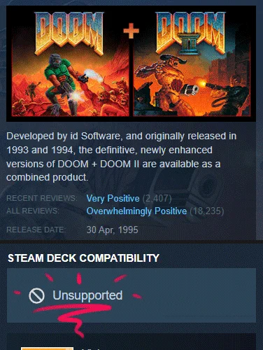 screenshot from the 1993 video game DOOM on steam, showing that the steam deck handheld device is unsupported