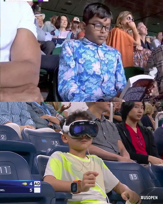 Image of kid reading a book at Wimbledon on top of kid with VR goggles on at the US Open