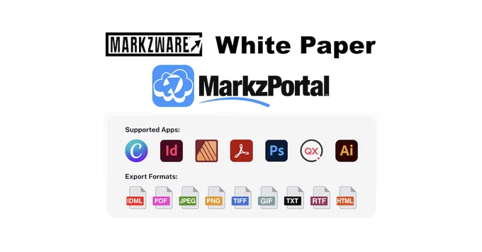 Different File Types in Content Document Production Workflows: MarkzPortal Online PDF & DTP File Converter (Markzware White Paper). Markzware Logo & “White Paper” in Black. MarkzPortal Logo. “Supported Apps:” in Black. Canva, InDesign, Affinity Publisher, Acrobat, Photoshop, QuarkXPress, & Illustrator Logos. “Export Formats:” in Black. IDML, PDF, JPEG, TIFF, GIF, TXT, RTF, & HTML File Icons. All on a White Rectangle (Landscape Mode).