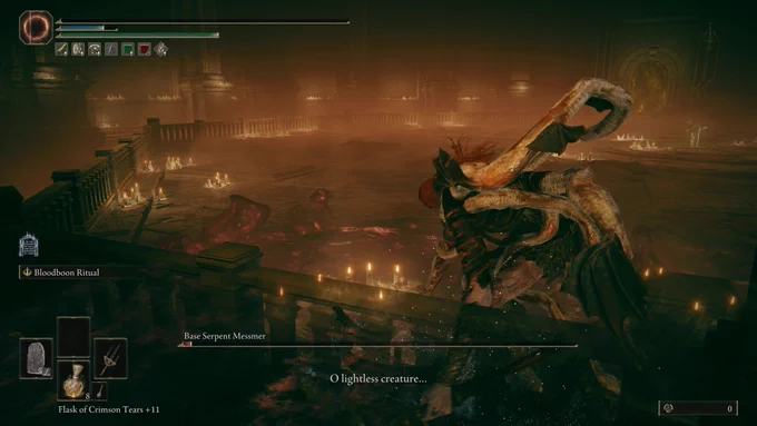 Screenshot from the Elden Ring DLC. I nearly bested Messmer, till one of his bullshit spam moves ended me.