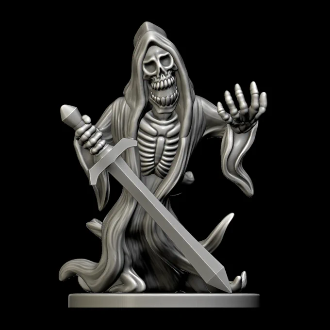 A 3D render of a Wraith, an undead skeletal creature, with one hand raised outward in a menacing pose and holding a sword in the other.
