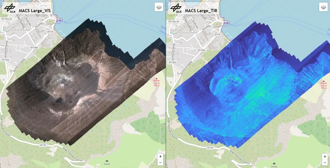 Bereitstellung der Echtzeit-Kartierung im Internet.
Die Daten der Vulkan-Kartierung sind in Echtzeit im Internet abrufbar. Links im Bild ist das visuelles Spektrum sichtbar, rechts wird das thermal-infrarote Spektrum in Blautönen dargestellt.