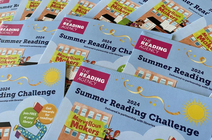 Bright Summer Reading Challenge 2024 booklets covering the image. Text reads The Reading Agency, 2024 Summer Reading Challenge delivered in partnership with libraries.