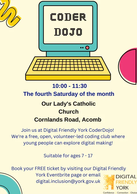 Cartoon picture of computer advertising next CoderDojo session.