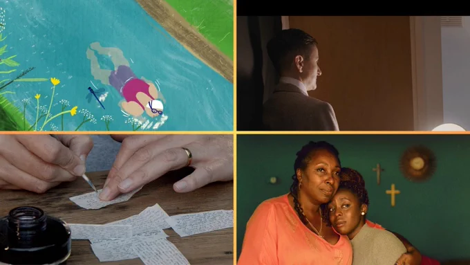 4 still from films:
1) an older white woman swims in a river
2) a white person with their back to us looks at a light
3) close up of white hands writing on very small pieces of paper
4) an older and younger Black woman hug each other