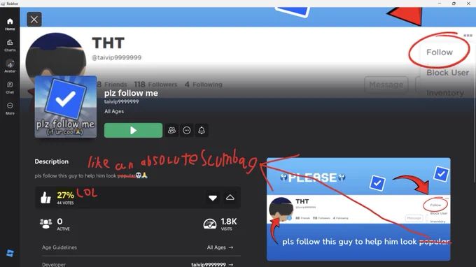 Seeing that his "game" to gain followers on Roblox was backfired to see a 27% like-to-dislike ratio (Including myself) as you join the game to his other game to promote himself thinking that's a good idea.

If you see this tweet. Stop doing that, it won't make you look cooler