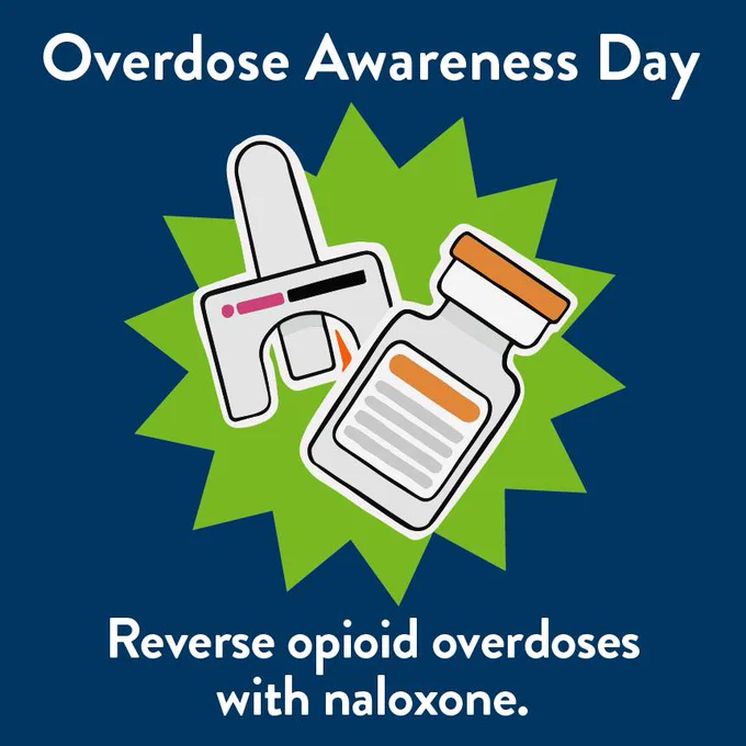 Blue background with a graphic of a medication bottle and naloxone. Text reads, “Overdose Awareness Day. Reverse opioid overdoses with naloxone.”