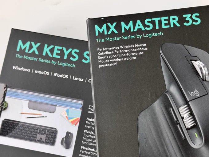 Boxes of MXKeys keyboard and MX3s mouse from Logitech