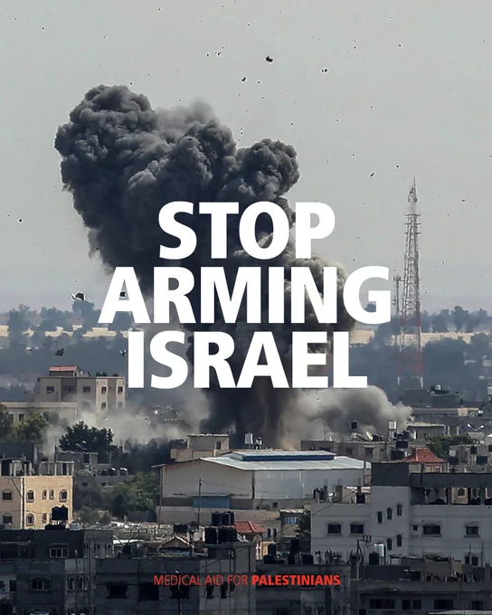 A photo of a large plume of smoke rising from buildings with the text 'STOP ARMING ISRAEL' overlaid.