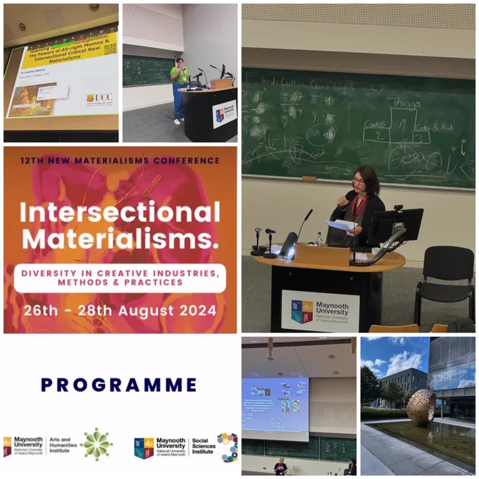 Collage picture of the Intersectional Materialisms conference poster with images of several presentations & Maynooth University