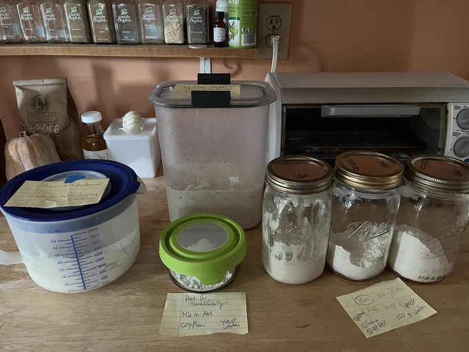 Several jars and containers with sourdough starter and flour in them with notes on top, on the kitchen counter