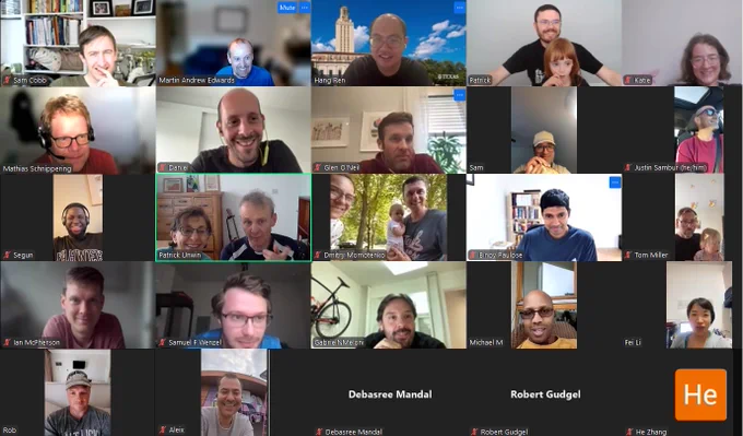 Zoom screenshot of Warwick electrochemistry and interfaces group alumni and friends celebrating Prof. Patrick Unwin's election as a fellow of the Royal Society.