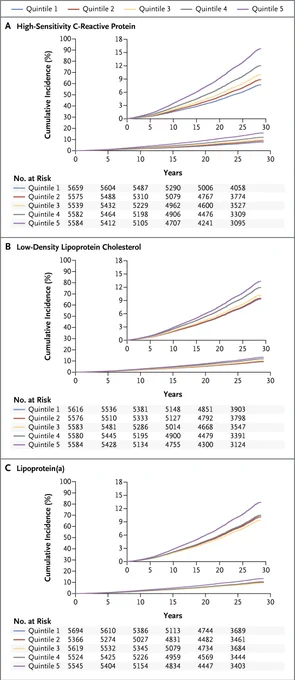 The age-adjusted and competing risk–adjusted 30-year cumulative incidence of first major cardiovascular events among initially healthy women according to quintiles of increasing baseline levels of high-sensitivity C-reactive protein (Panel A), low-density lipoprotein cholesterol (Panel B), and lipoprotein(a) (Panel C). 