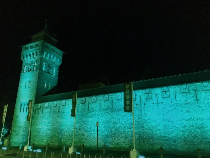 Cardiff Castle illuminated in teal.


