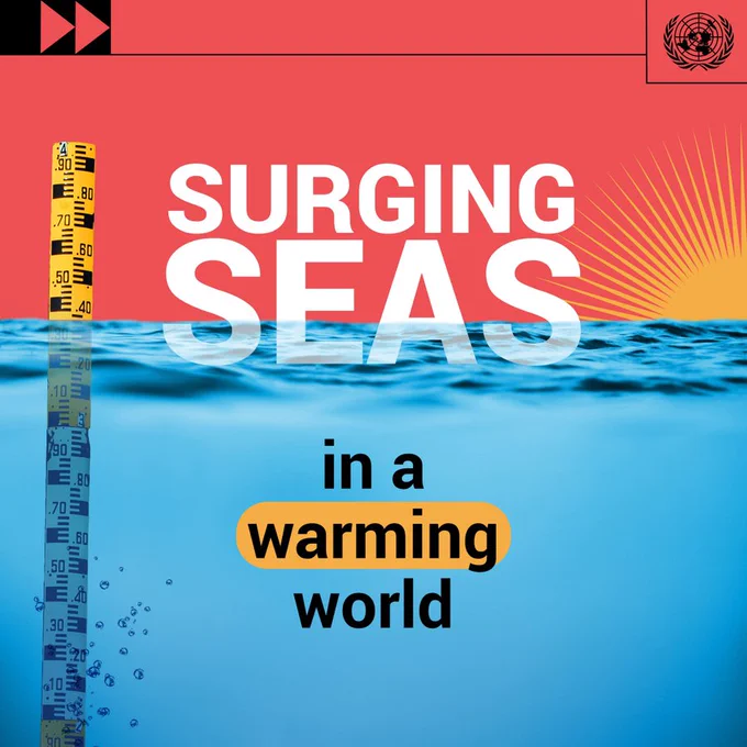 Image depicting rising waters with a measuring stick and the text "surging seas in a warming world."