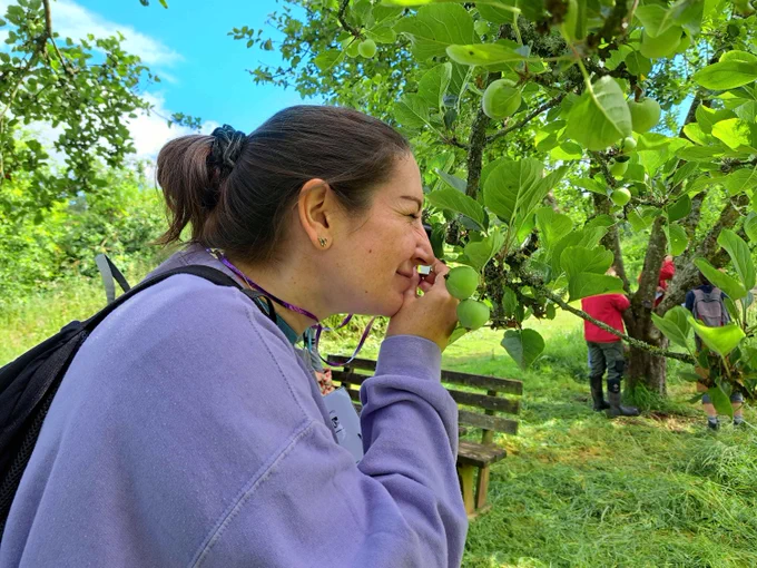 A woman with brown hair in a purple/blue jumper using a magnifying glass to look at lichens on a tree