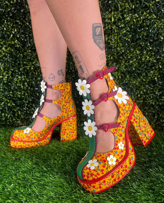 Irregular Choice 'Sunny Hunny' boots. Yellow ditsy floral body with daisy applique & red detailing