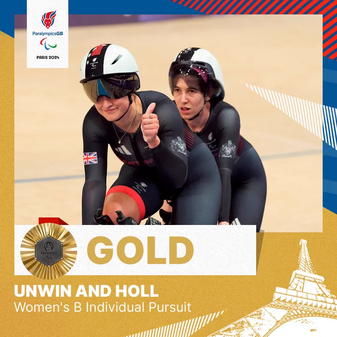 Women's B Individual Pursuit Gold medal graphic for Sophie unwin and Jenny Holl - image is both women on the tandem with the pilot at the front giving a thumbs up