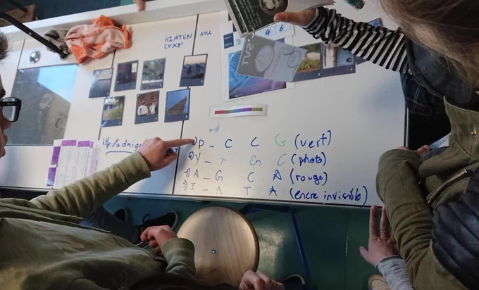 Equipe d'élèves discutant autour d'une table sur laquelle sont disposés des indices. Les élèves ont écrit leurs réflexions au feutre sur les tables.