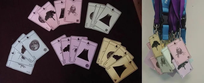 Jeu de cartes de différentes couleurs (5 paquets de 4 cartes), portant des images et des symboles. Sur une 2e photo, ces cartes sont accrochées à des tours de cous.