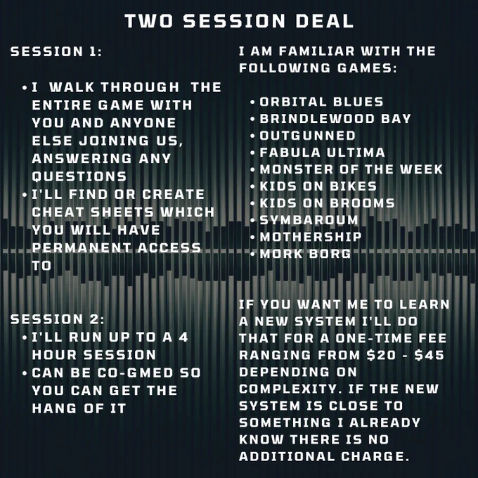 Two session deal
SESSION 1:
 
I  WALK THROUGH  THE ENTIRE GAME WITH YOU AND ANYONE ELSE JOINING US, ANSWERING ANY QUESTIONS 
I'LL FIND OR CREATE CHEAT SHEETS WHICH YOU WILL HAVE PERMANENT ACCESS TO


SESSION 2:
I'LL RUN UP TO A 4 HOUR SESSION
CAN BE CO-GMED SO YOU CAN GET THE HANG OF IT

I am familiar with the following games:

Orbital Blues
Brindlewood Bay
Outgunned
Fabula Ultima
Monster of the Week
Kids on Bikes
Kids on Brooms
Symbaroum
Mothership
MORK BORG


If you want me to learn a new system I'll do that for a one-time fee ranging from $20 - $45 depending on complexity. If the new system is close to something I already know there is no additional charge.
