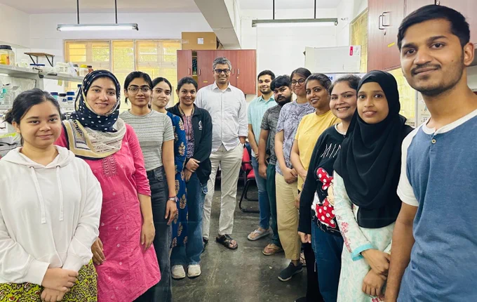 Aravind (centre) and his group members are involved in understanding transport across cell membranes in the Penmatsa Lab at the Molecular Biophysics Unit, Indian Institute of Science, Bengaluru. Picture credit. Yukti Saini