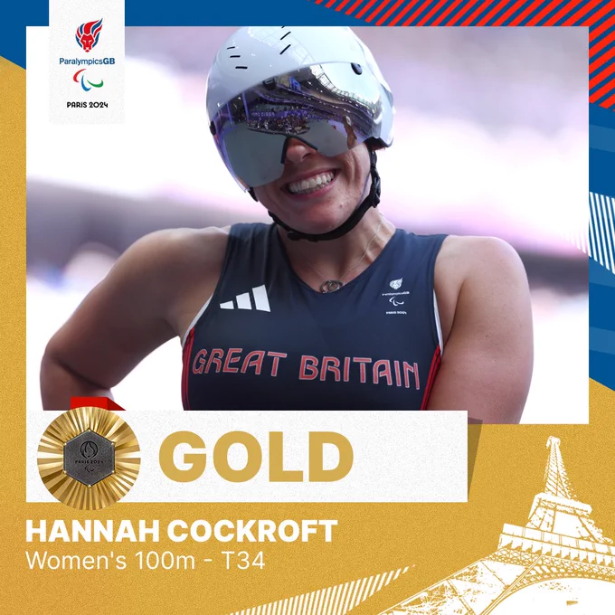gold medal graphic hannah cockroft Womens 100m T34 - big smiley photo of hannah in her racing visor