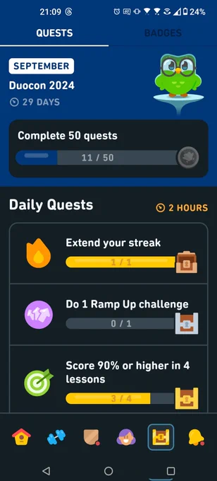 Screenshot of Duolingo showing I've completed 11 quests in September but only 1 today.