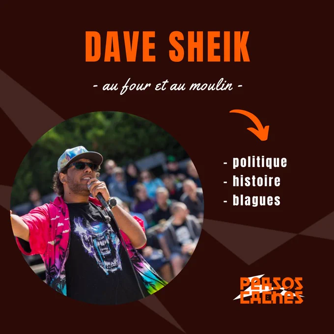 Première partie du portrait de Dave Sheik.
On y voit son avatar et on y lit : 
« Dave Sheik : au four et au moulin » ainsi que trois mots clés qui le caractérisent : « politique, histoire, blagues ».