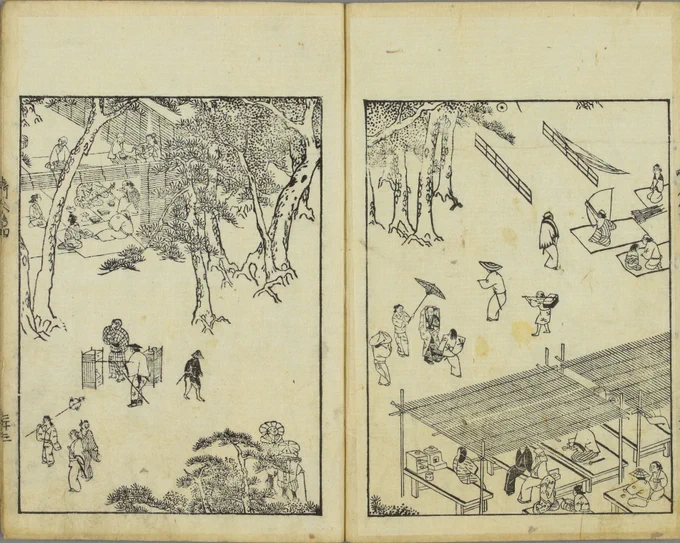 double-page spread from Ban Kōkei's Kinsei kijinden showing Kaji's teahouse (lower right), a few benches under simple awnings. Kaji is seated by the tea utensils at left; other activities including archery fill the rest of the scene