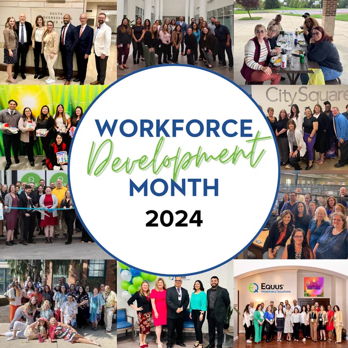 photo compilation of Equus teams with the text "workforce development month 2024" in the center of the graphic