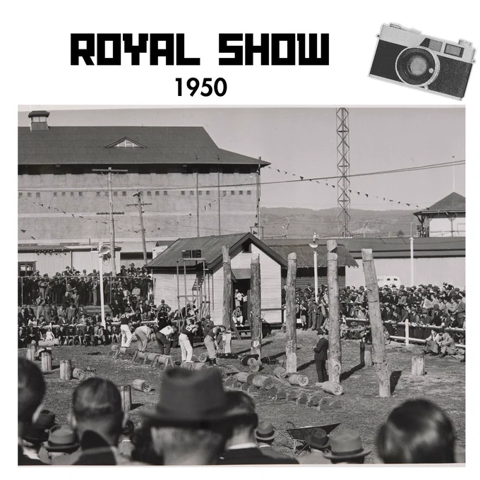 Royal Show 1950 
Images of a crowd in black and white watching a row of men chopping wood. 
