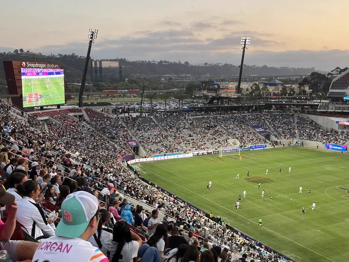 Photo taken from the upper sections of Snapdragon Stadium in San Diego, looking down on an active soccer match, surrounded by relatively full stands. In the background, an elevated trolley line is seen with a red train traversing it. The sky is mostly clear with a light orange approaching sunset.