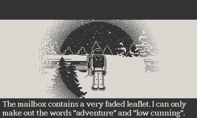 A screenshot from an upcoming video game for the Playdate handheld console titled "The Whiteout", showing the main character standing in front of an open mailbox with the caption "The mailbox contains a very faded leaflet. I can only make out the words adventure and low cunning."