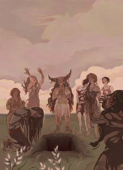 A digital fanart of Pathologic 2.
Eight Herb Brides gather around a deep, open and empty hole in the ground. All are weeping. One in the foreground on the left has thrown herself to her knees and wails bent over, two throw their arms to the sky in despair. Slightly to the right from the center, two Brides more reservedly mourn, leaning against one another. Above the one standing at the center, whose hair is braided into two big horns, the sky a powdery mix of corals and beiges takes the majority of the space. A cloud is bent into the shape of a bull's head. The whole image is of dusty pinks, sandstones and greens, and muted earth tones.