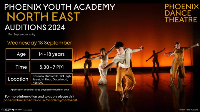 A promotional poster for Phoenix Youth Academy North East Auditions 2024, scheduled for September entry. The poster is divided into two sections. The left side displays information in white and yellow text against a black background. It reads: "Phoenix Youth Academy North East Auditions 2024. For September entry. Wednesday 18 September. Age: 14-18 years. Time: 5:30-7 PM. Location: Gateway Studio CIO, 224 High Street, 1st Floor, Gateshead, NE8 1AQ. Application deadline: three days before audition date. For more information and to apply, please visit phoenixdancetheatre.co.uk/academy/northeast." The right side features a photograph of dancers performing on stage. They are dressed in neutral-colored, flowing costumes and are captured mid-movement against a warm, orange-lit background. The top right corner includes the Phoenix Dance Theatre logo in yellow text. The image credit at the bottom right reads: "Photo: Pete Huggins.