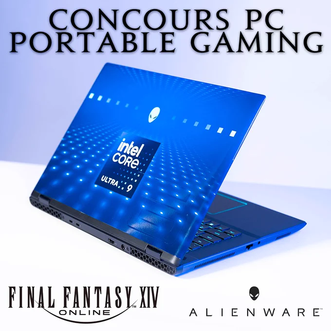 Une photo du dos d'un PC portable entrouvert et posé sur une table. Le texte en haut indique "Concours PC portable gaming" et en bas on peut voir les logos de Final Fantasy 14 et celui d'Alienware.