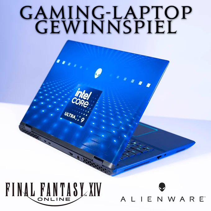 Ein Final Fantasy 14-Banner, das mittig einen blauen Laptop mit dem Alienkopf des Alienware-Logos sowie dem Logo von Intel Core Ultra 9 auf einem weißen Hintergrund zeigt. Der Text liest: Gaming-Laptop-Gewinnspiel.