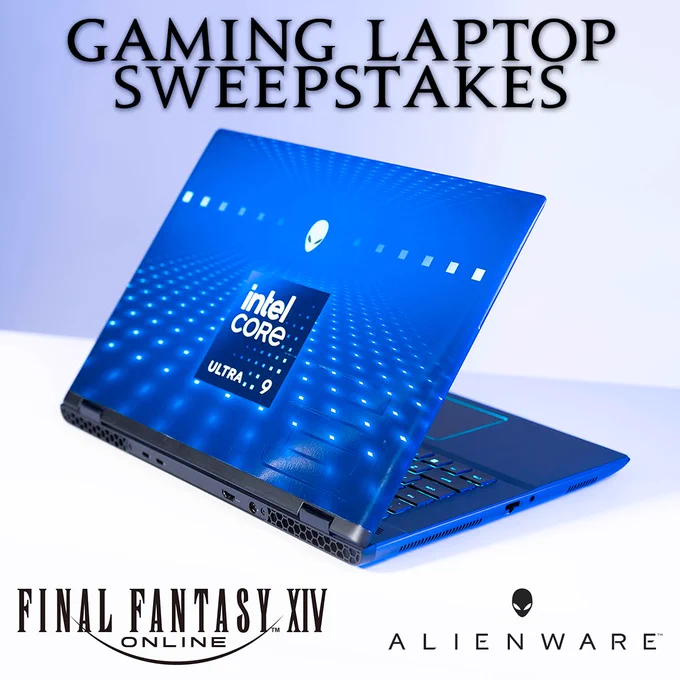 Banner reads Gaming Laptop Sweepstakes, with an Alienware m16 R2 Gaming Laptop shown in the middle. On the laptop is a label with the text intel core ultra 9. The logos of Final Fantasy 14 Online and Alienware are at the bottom.