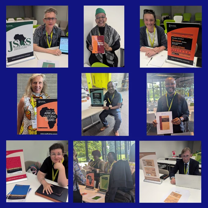 A collage of nine photos of T&F journal Editors laid out in a grid on a dark blue background. The Editors are sitting or standing proudly with banners or flyers carrying the image of the journal they edit, and some have printed copies of the journal with them.