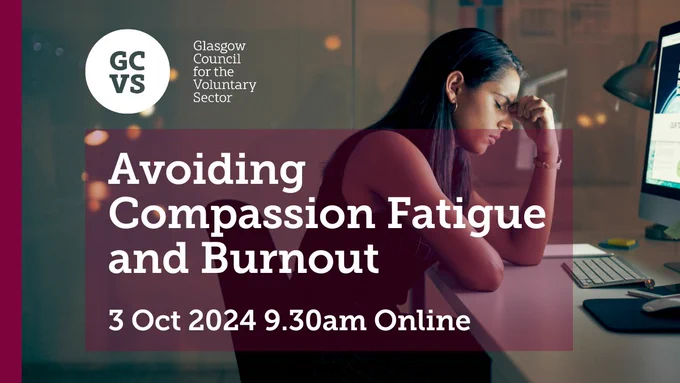 A woman has her eyes closed and looks unhappy as she sits at her desk. A event title says Avoiding Compassion Fatigue and Burnout