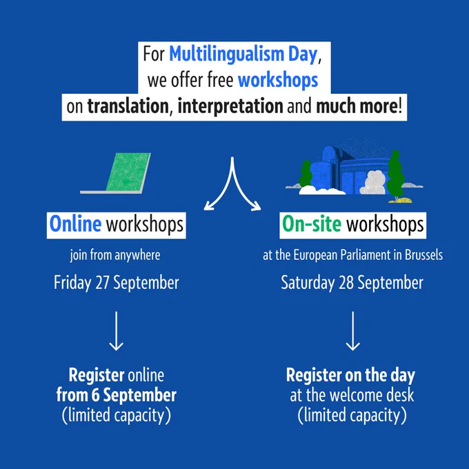For Multilingualism Day, we offer free workshops on translation, interpretation and much more!
Online workshops: join from anywhere; Friday 27 September; Register online from 6 September (limited capacity)
On-site workshops: at the European Parliament in Brussels; Saturday 28 September; Register on the day at the welcome desk (limited capacity)