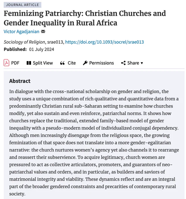 Feminizing Patriarchy: Christian Churches and Gender Inequality in Rural Africa by Victor Agadjanian. In dialogue with the cross-national scholarship on gender and religion, the study uses a unique combination of rich qualitative and quantitative data from a predominantly Christian rural sub-Saharan setting to examine how churches modify, yet also sustain and even reinforce, patriarchal norms. 