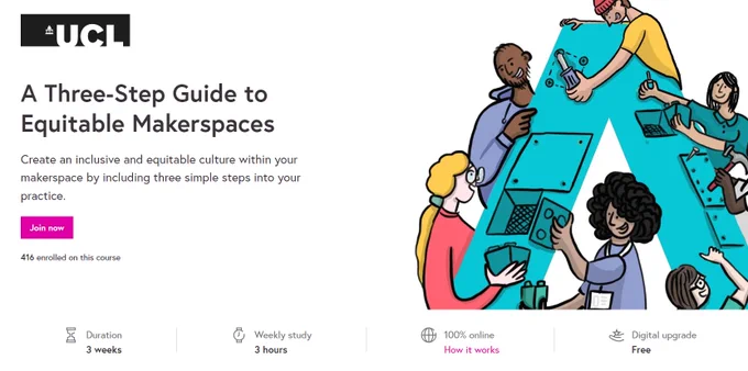 image of a screenshot from an online course - title of the course is 'A Three Step guide to equitable makerspaces'