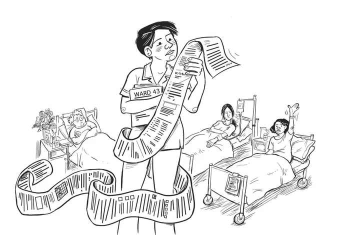 Drawing of nurse reading long list of papers