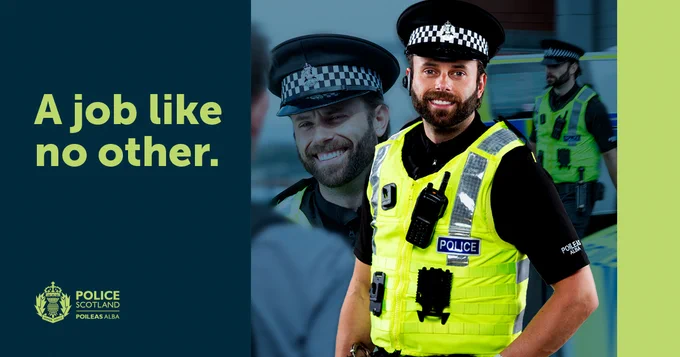 Graphic featuring a male police officer smiling facing the camera, with photos in the background of the officer chatting to a member of the public and walking past a police car. Text on the graphic reads: A job like no other.