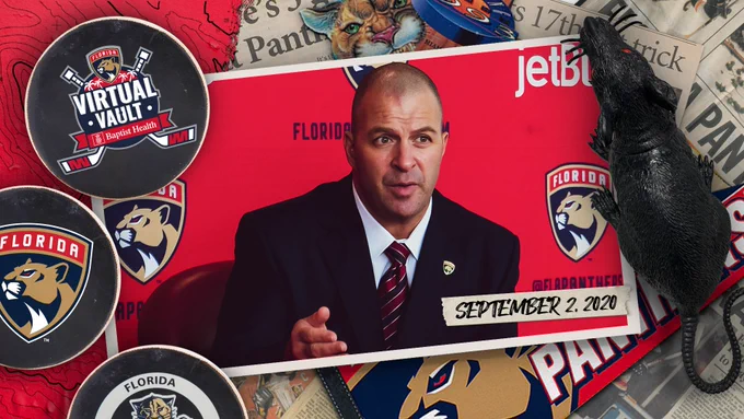 Graphic features a photo of Panthers GM Bill Zito during his press conference when he became the general manager, enclosed in a picture frame.
A puck with the Virtual Vault logo and a puck with the Panthers shield logo are to the left of the photo with a plastic rat to the right.
The date – September 2, 2020 – is in the bottom right corner of the picture frame.